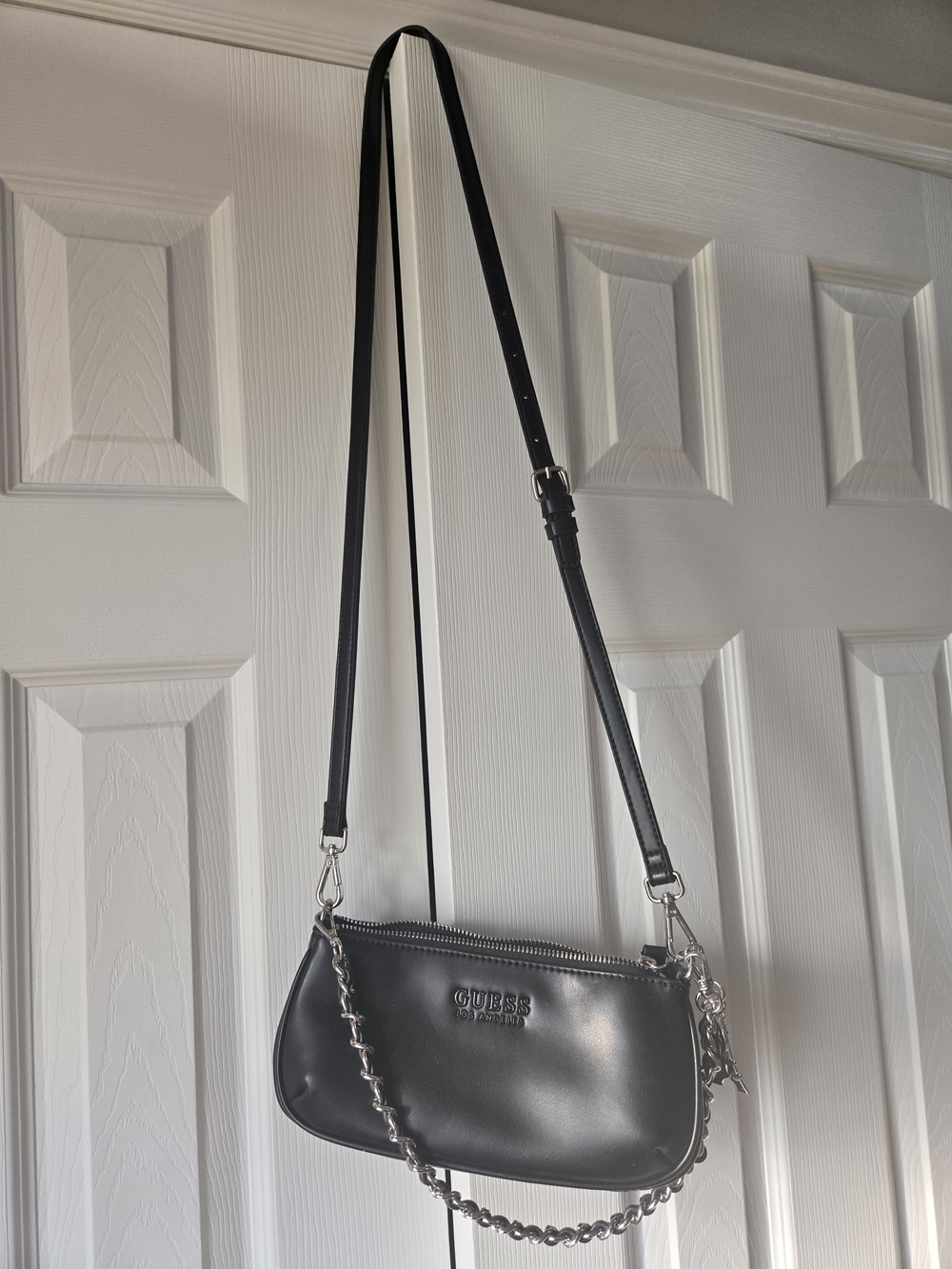GUESS Black Leather Chain-Accent Crossbody Bag